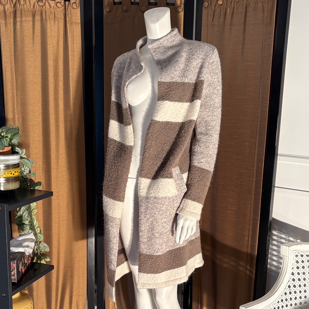 Cozy Striped Open-Front Women's Cardigan Sweater - Brown, Grey And Cream